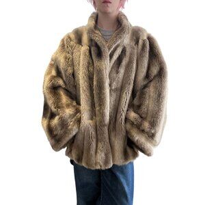 Vintage 1970/80s Faux Mink Short Coat W/ Dolman Sleeves & Pleated Yoke Side Pock